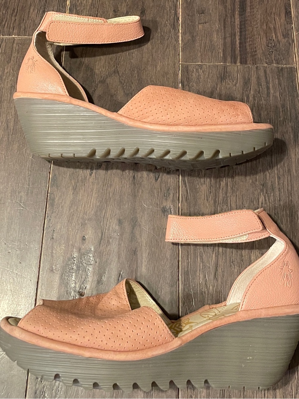 FLY London Perforated Leather Wedge Sandals Rose EU43 12.5 Womens